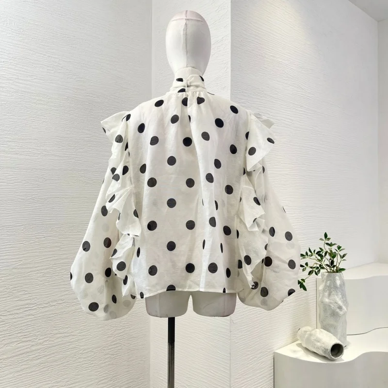 Linen slink 2024 New Summer women high quality white dot print long sleeve ruffles blouse top