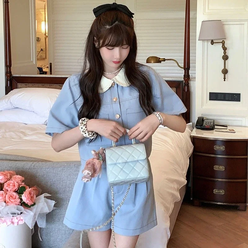 

Синие короткие комплекты для вечеринок для женщин, комплект из 2 предметов в корейском стиле с курткой, женские шорты, дешевые предложения, новые в подходящих роскошных продуктах, полные