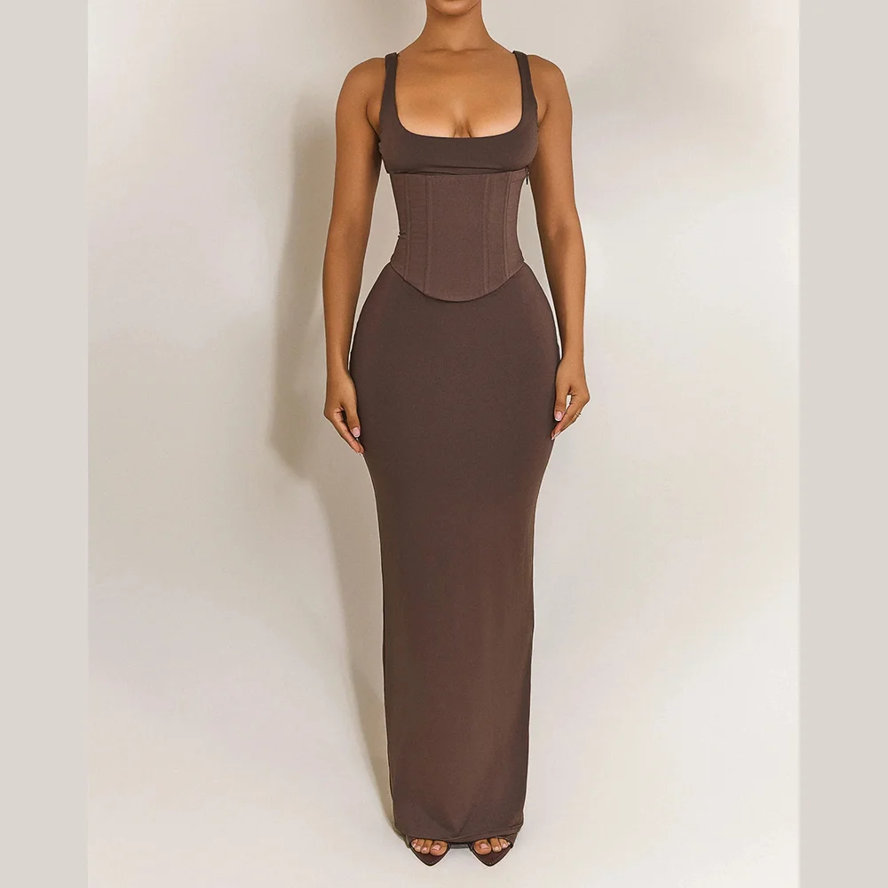 2026 New Women's Corset Maxi Dress Lace-Up Back Sleeveless U-Neck Bodycon Gown Floor Length Shaping Evening Gown