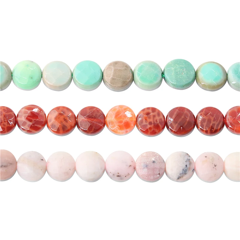 Natural Stone Moonstone Amazonite Pink Opal Fire Agate Rose Quartz Faceted Flat Round Beads 10MM For Jewelry Making DIY Bracelet