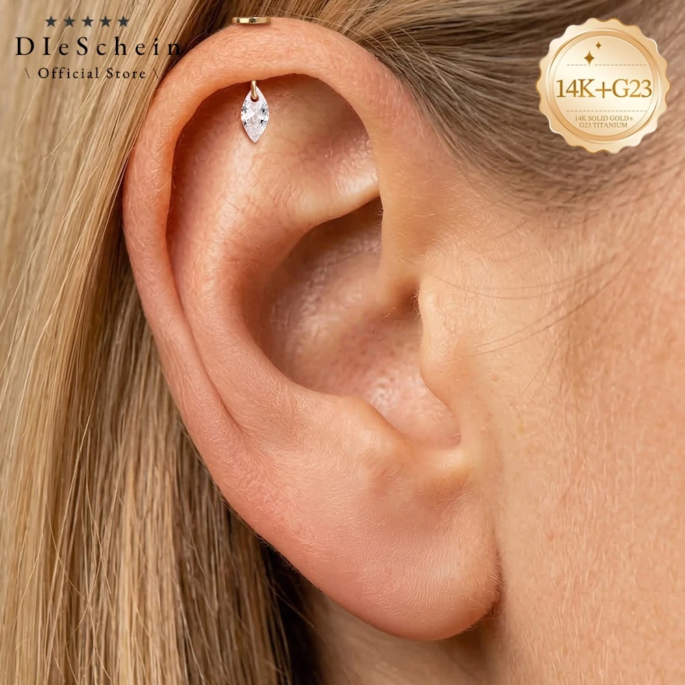 DIeSchein 14K Solid Gold Piercing Stud Earring Internal Thread Flat Back Earring for Helix Tragus Daith Piercing Birthday Gift