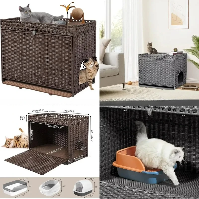 Hidden Litter Box Shell Furniture Hand Woven Rattan Pet House for Large Cats with Doors