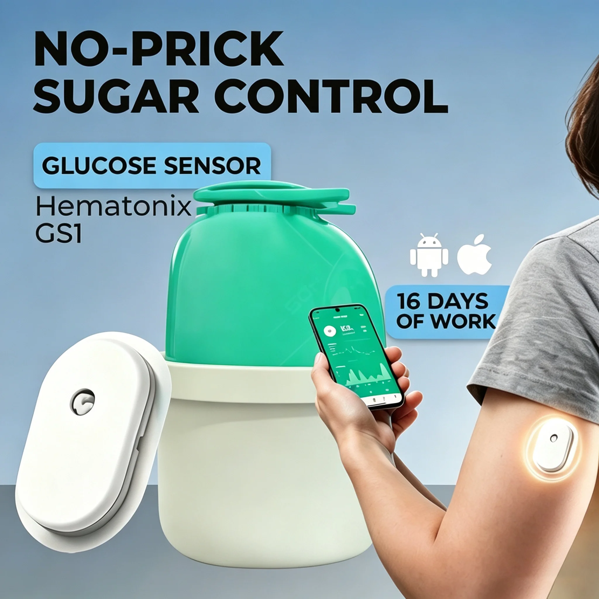 Monitor glukozy we krwi Hematonix GS1, obsługa iOS/Android, CGMS, 16 dni - 24-godzinny monitoring w czasie rzeczywistym, system wielojęzyczny, zdalny monitoring.
