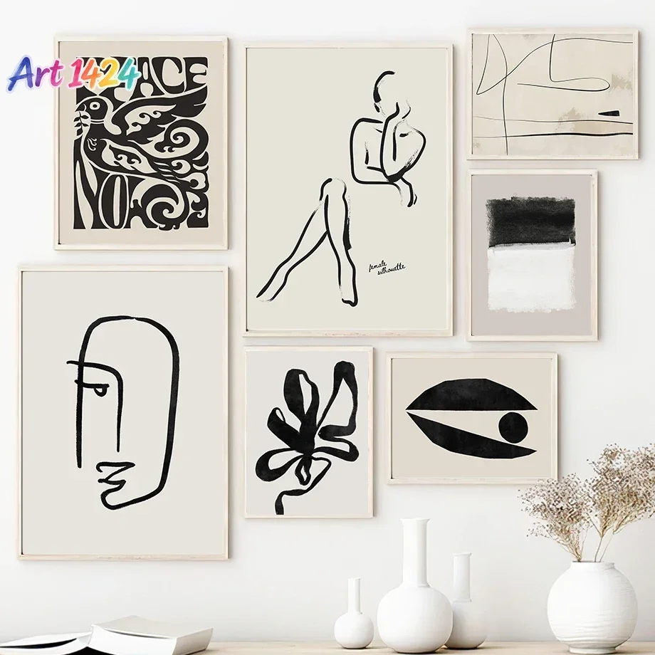Minimalist Abstract Line Figures Face Leaf Art Poster Print Cubist Gallery Wall Decor Modern Exhibition Style Canvas Home Dec