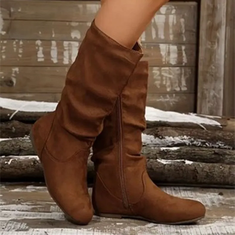 

Pleated Design Slip on Western Boots for Woman Flat Suede Flock Thick Heels Cowboy Boots Woman Side Zipper Mid-calf Short Botas