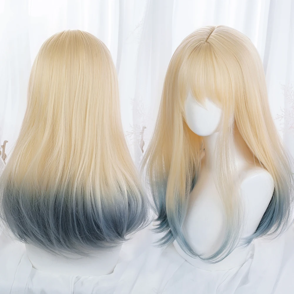 MSIWIGS Women Long Lolita Wig With Bangs Blonde Ombre Blue Synthetic Cosplay Party Pink Purple Straight WavyHair For Female Girl