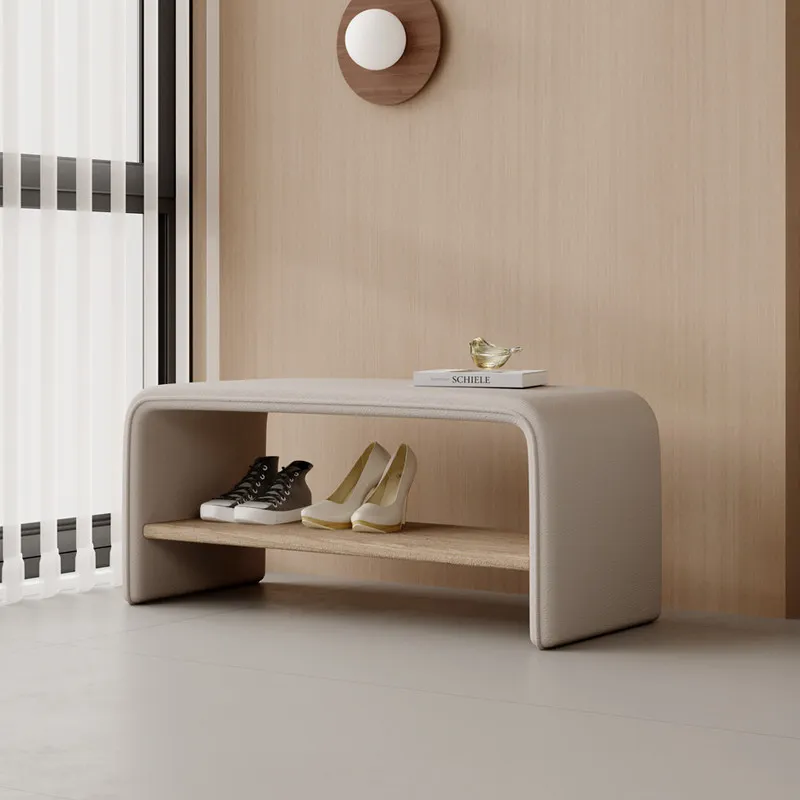 Cream Style Solid Wood Shoe Bench Fluffy Sheepskin Shoe Rack with Open Design Entryway Storage Stool Multi-use Bedside Seat