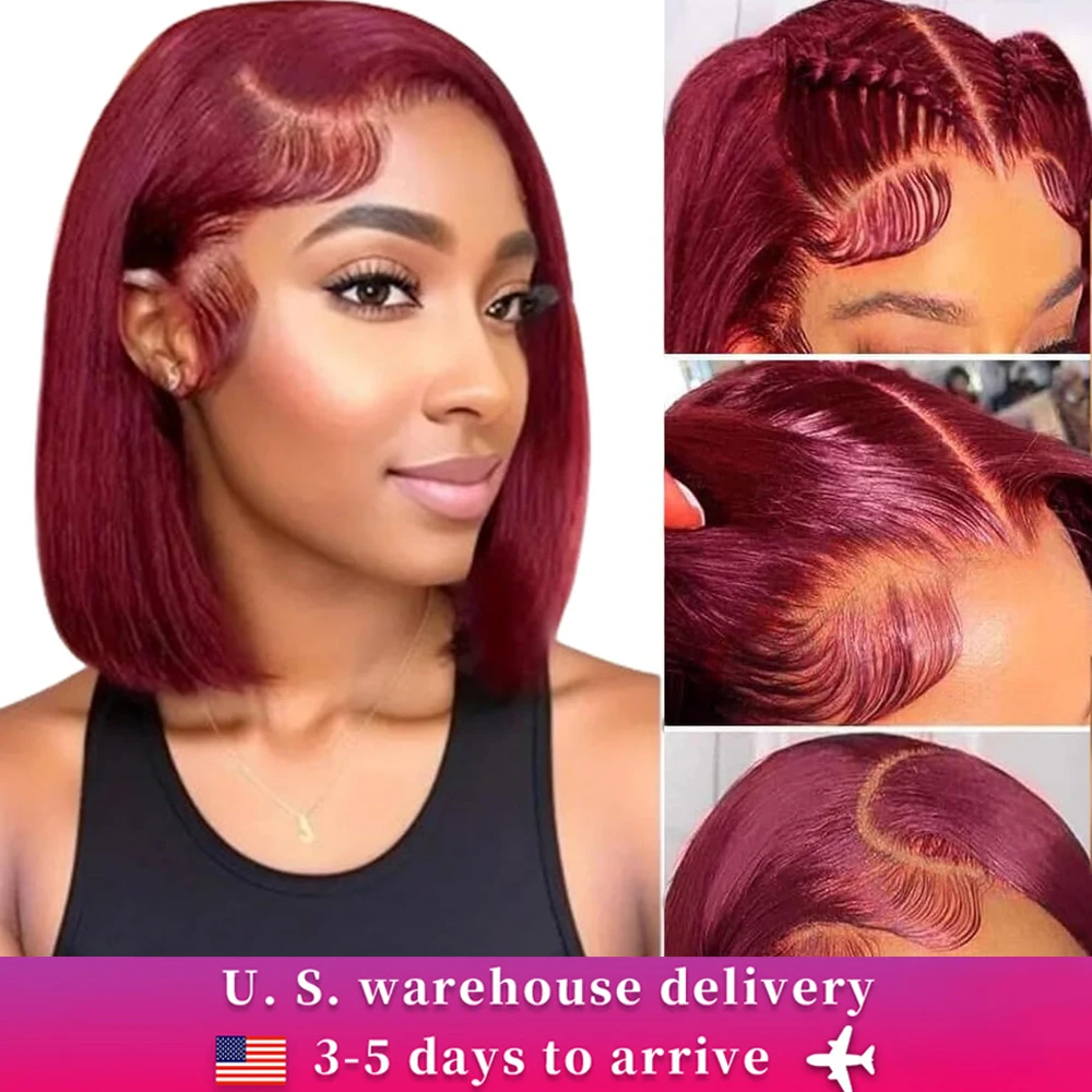 10 Inch Bob Wig 99j Burgundy Colored Human Hair 13×4 Short Bob Wigs Straight Highlight Bob Wig Human Hair for Black Women 180%