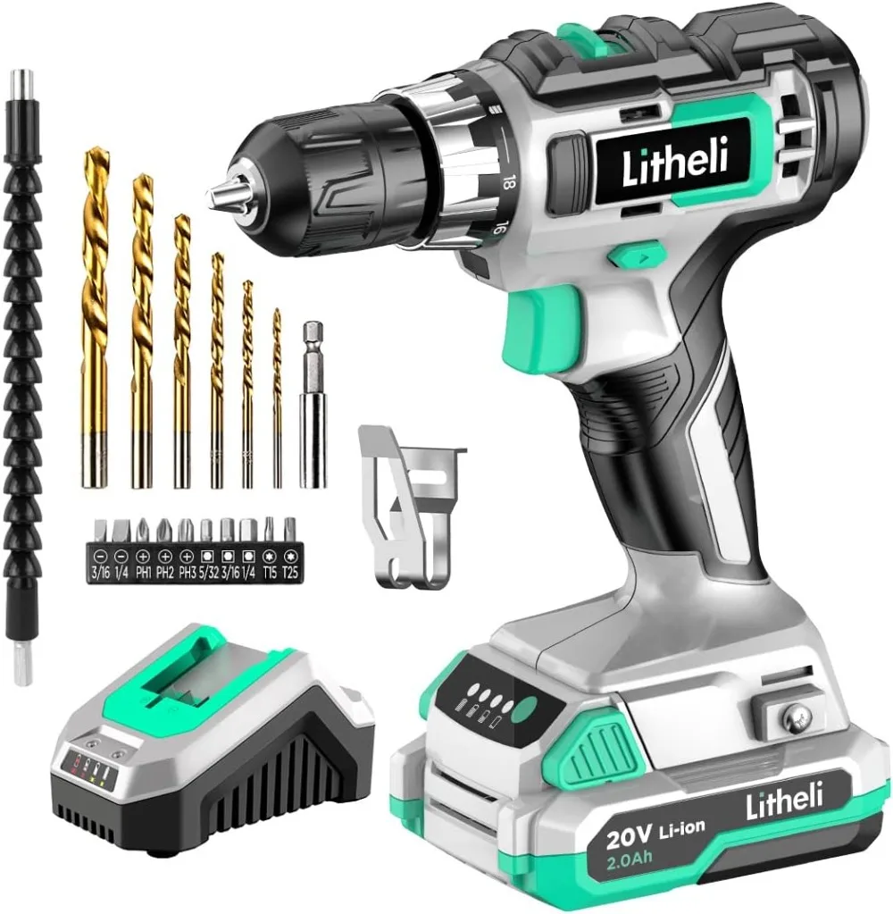 Cordless Drill Set, 20V Max Power Drill Cordless Set, 3/8” Keyless Chuck, 18+1 Torque Settings, Variable Speed,w/2.0 Ah Battery