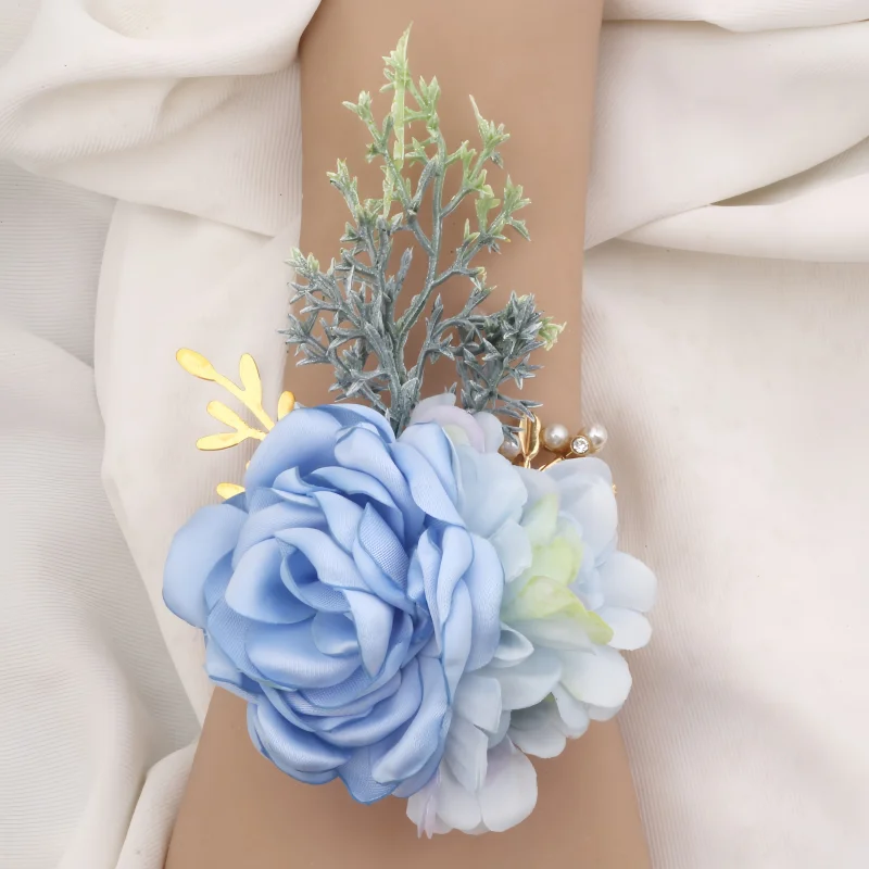 2Pcs Forest Series Light Blue Rose Bridal Wrist Corsages, Wedding Party Wrist Flower Decorations