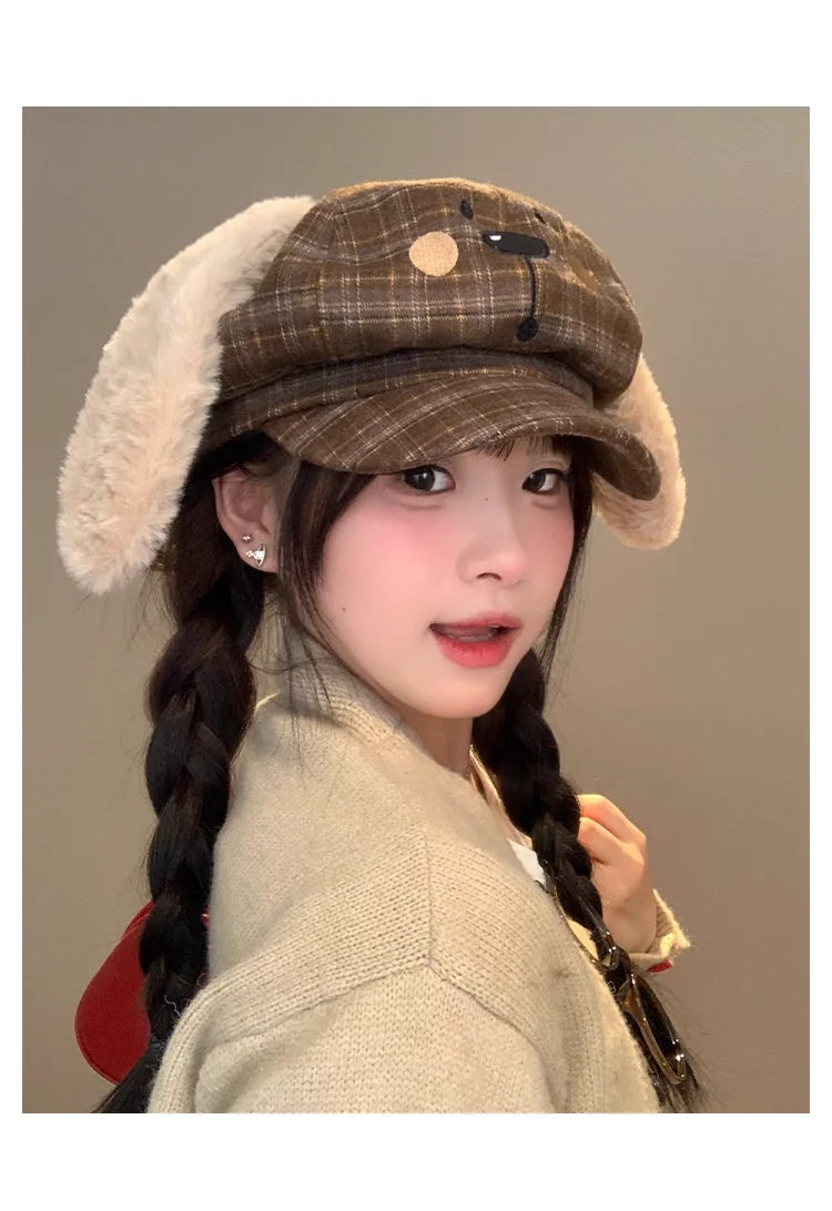 قبعات منقوشة على شكل آذان جرو يابانية لطيفة لعام 2025 للنساء للربيع والخريف جديدة غير رسمية متعددة الاستخدامات قبعة صغيرة مثمنة لموزع الصحف