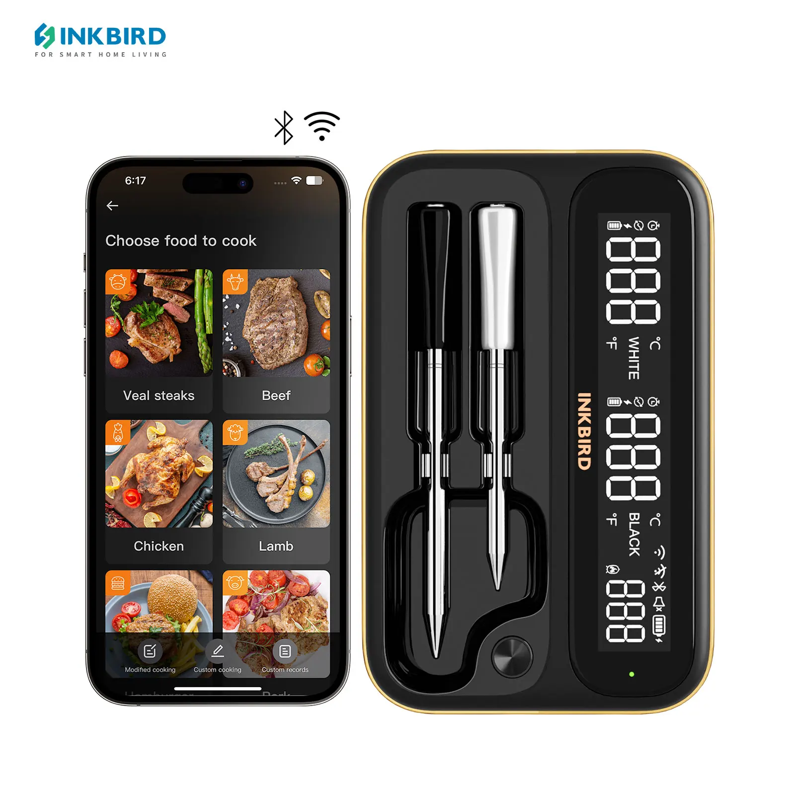 INKBIRD INT-12-BW Wifi Bluetooth BBQ Thermometer with Long and Short Probes Combo IP67 Waterproof Food Digital Thermometer