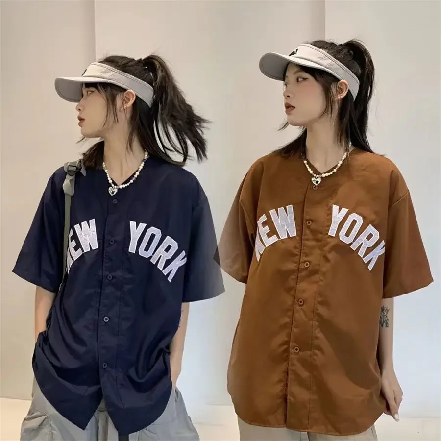 american vintage letter print shirts baseball cardigan khaki navy short sleeve tops summer casual teenage blouses harajuku 2023