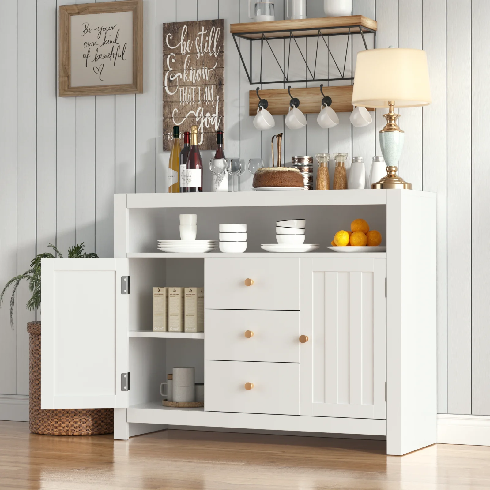 VOWNER Buffet Sideboard with 3 Drawers & 2 Doors, Kitchen Storage Cabinet with Adjustable Shelf and Open Compartment