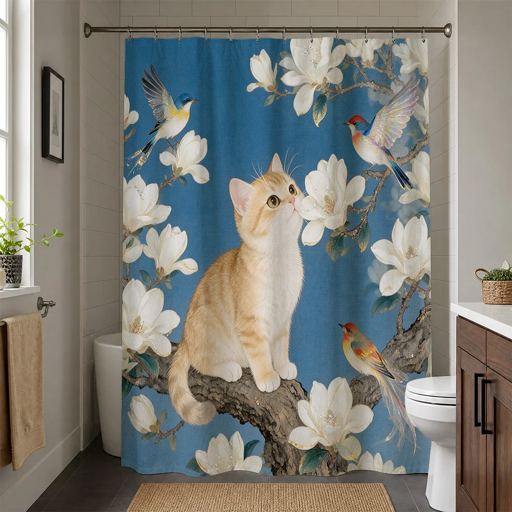 Cute Kitten and Birds Floral Shower Curtain Bathroom Decor Blue Floral Animal Print Shower Curtain