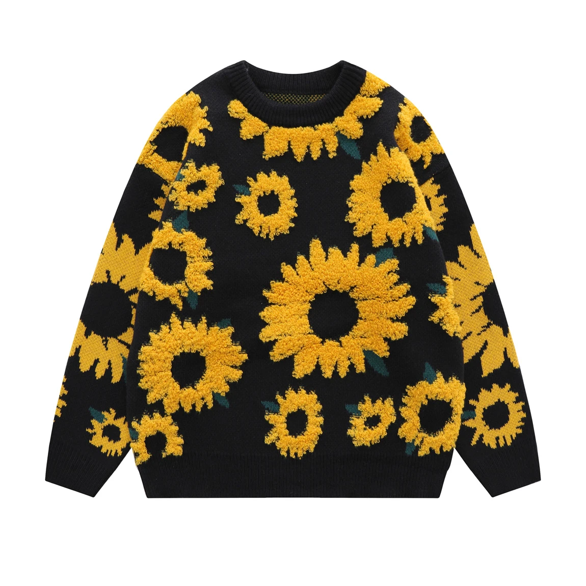 Autumn Japanese Retro Sunflower Flocking Lazy Knitwears for Men and Women BF Patchwork Trendy Couple Long Sleeve Knitted Sweater