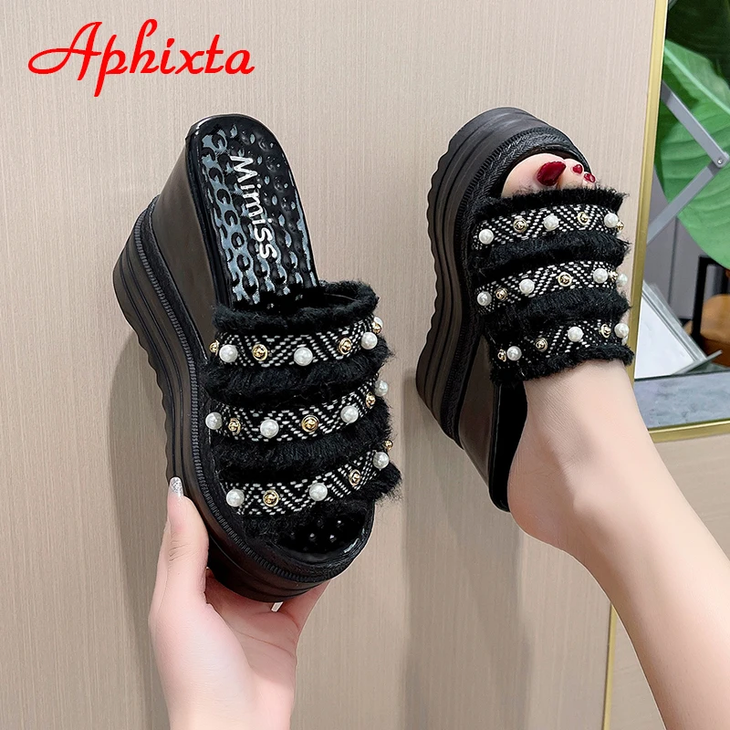 Aphixta Platform 12cm tacchi Super alti pantofole da donna altezza della perla che aumenta le diapositive scarpe con tacco a zeppa da donna sandali