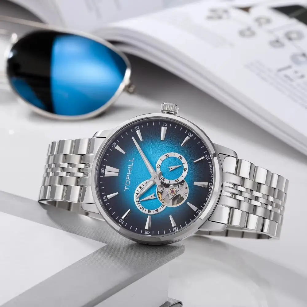 TOPHILL 43mm Miyota 82S7 Self Wind Wrist Watch Men Gradient Sunray Texture Dial Skeleton Window Seconds Subdial 5Bar LumeTW110G