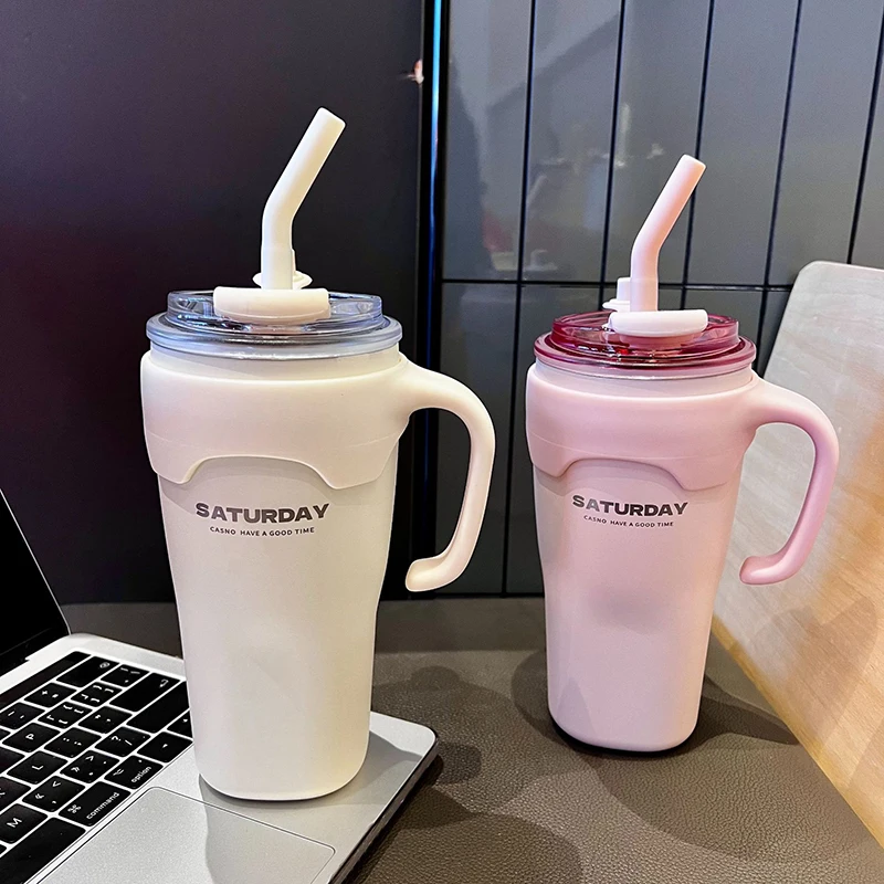 

Cute Tumbler Thermos Mug For Coffee Tea Juice 650ml Sainless Steel Thermal Cup With Handle Straw Car Cup Gym Water Bottle Gift