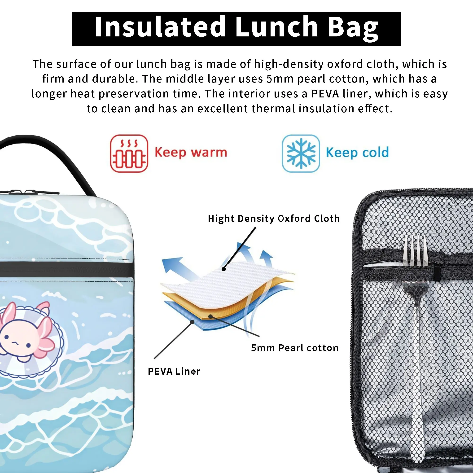 Swimmy Axolotls Lunch Bag  Travel Lunch Box For Unisex Fun Designer Thermal Tote Handbags Oxford Portable Insulated Cooler Bag - view 4