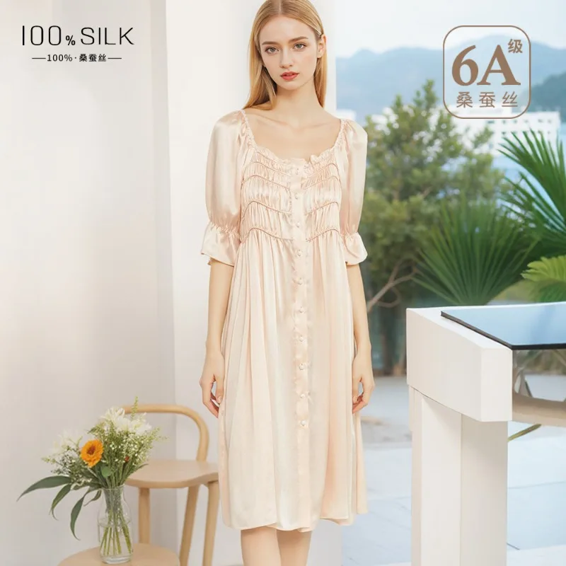 

19 Mmi Summer New French Silk Nightgown Women's High Sense 100% Mulberry Silk Loose Comfortable Dress Loungewear Nightgown