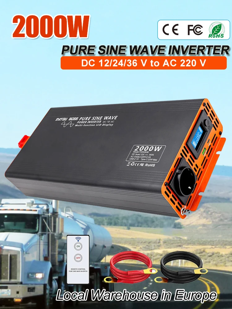DATOUBOSS 2000W Omvormer DC 12V/24V/36V Zuivere Sinus AC 220V Power Converter Thuis Vrachtwagen Auto Omvormer met USB Type C LCD - afbeelding 2