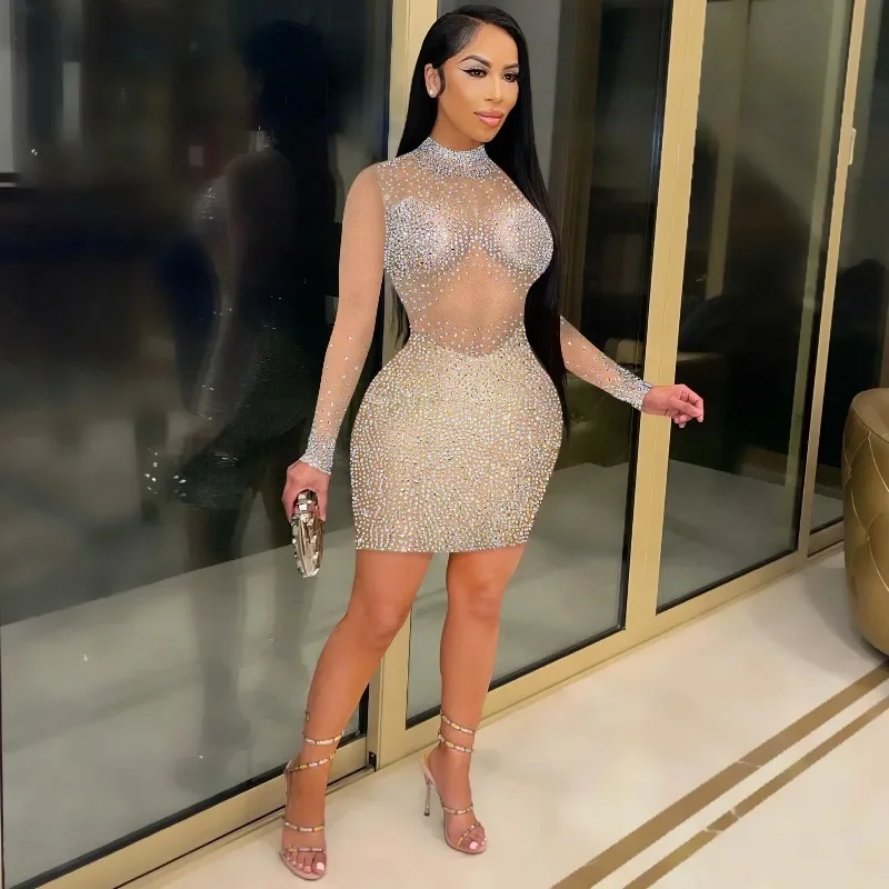 See Through Mesh Diamonds Bodycon Mini Party Dress Women Mock Neck Full Sleeve Hipster Night Clubwear Birthday Evening Gown