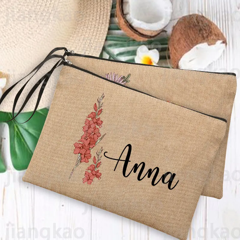 Personalised Birth Month Flowers Makeup Bag Travel Neceser Zipper Pouch Customized Name Toiletry Organizer Birthday Gift for Her