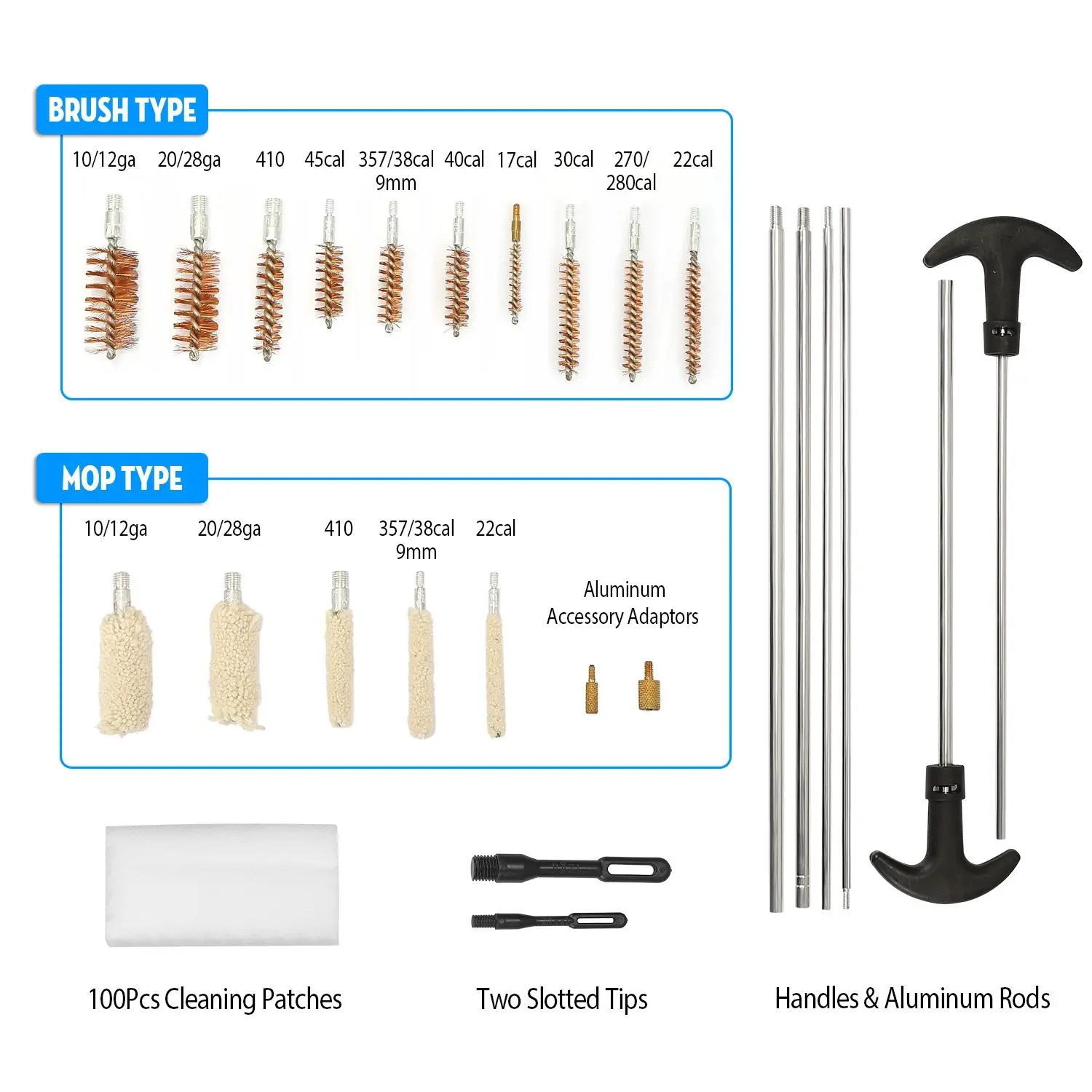 Regular Universal Gun Cleaning Kit — Complete Aluminum Carry Case, 100 Patches, 10 Brass Brushes & 8 Rods, Fits Pistols, Rifle