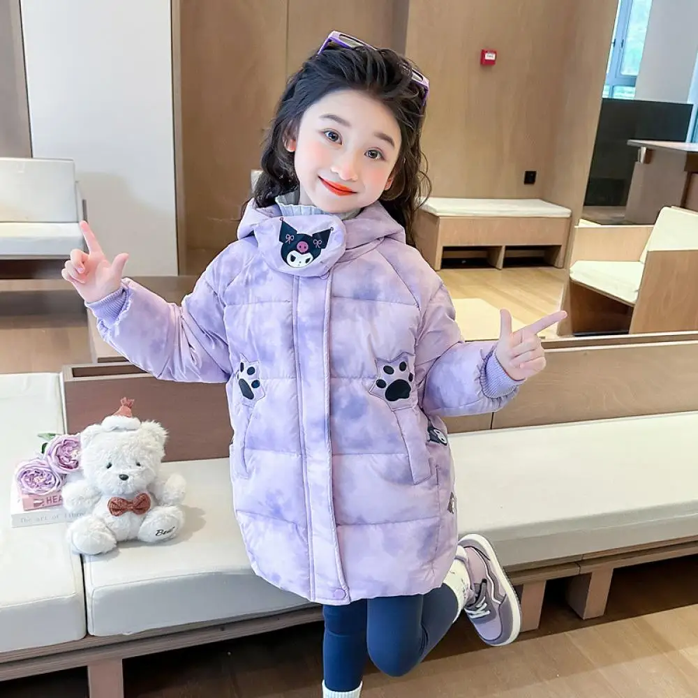 Kawaii Sanrio Kuromi Girls Y2K Medium Length Cotton Clothes Jacket Autumn Winter Thicken Coat Cotton Coat Children's Clothing