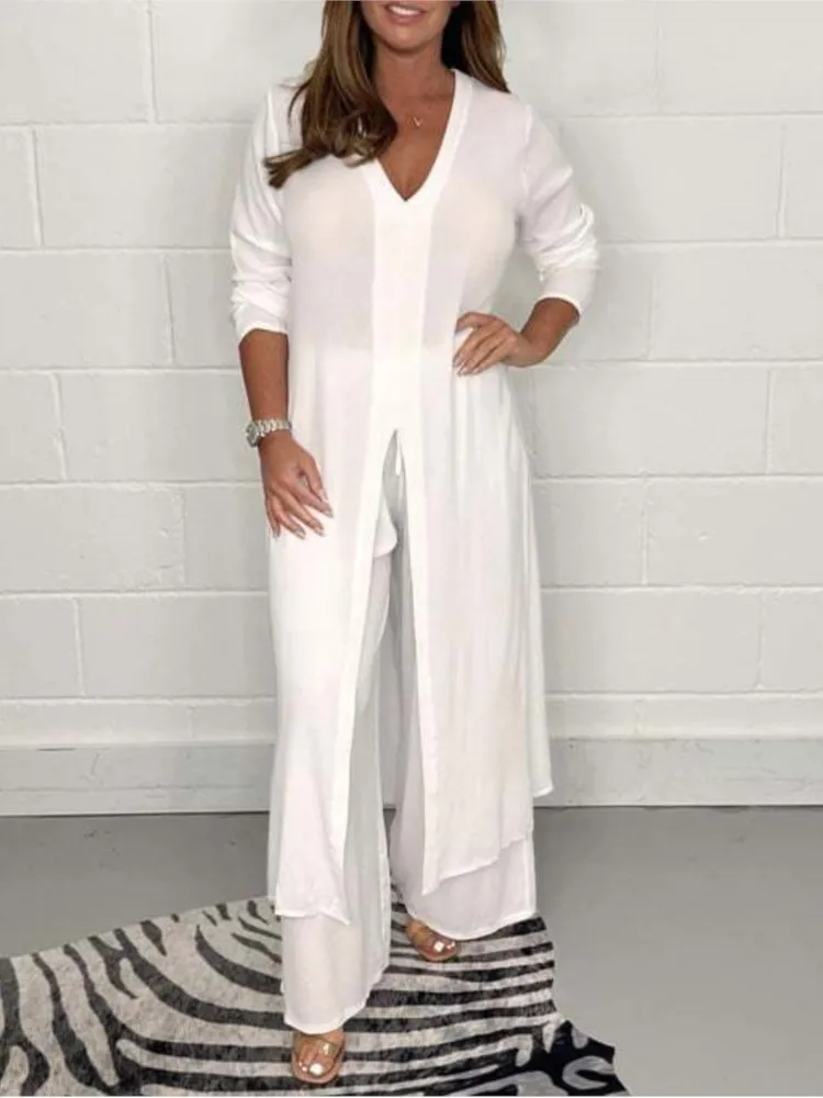 2023 Casual Two Piece Set For Women Solid Color V-neck Maxi Slit Tops And Loose Wide Leg Pant Sets Fashion Lady Suits Streetwear