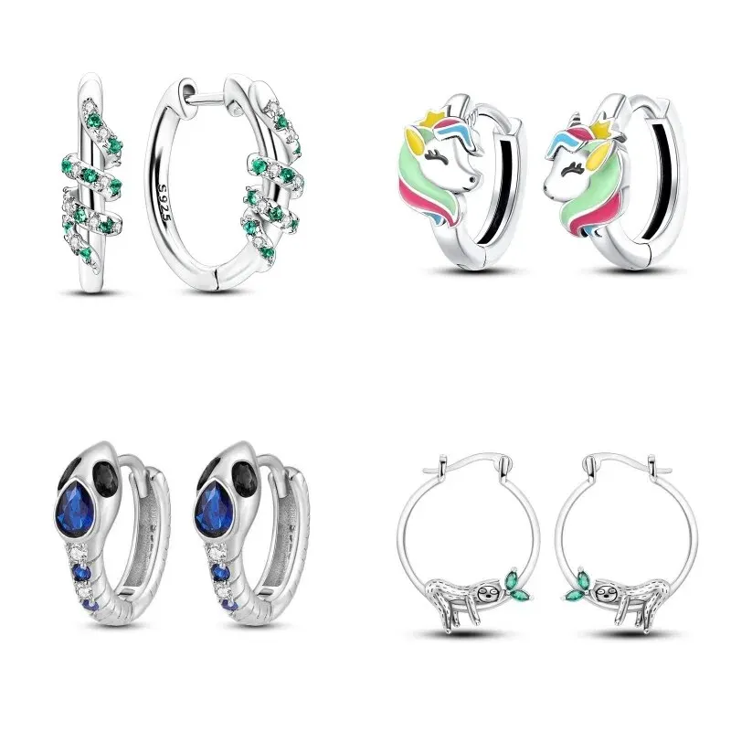 

2024 новый стиль стерлингового серебра 925 пробы животное красочные змеиные лошади Bradypod двойные серьги-кольца для женщин подарки изящные ювелирные изделия