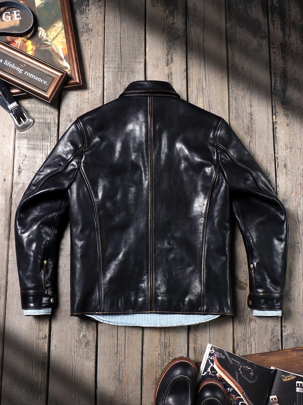 Tailor Brando Washed Uncoated Vegetable Tanned Calfskin Brakeman Vintage Work Jacket Lapel Men's Genuine Leather Jacket