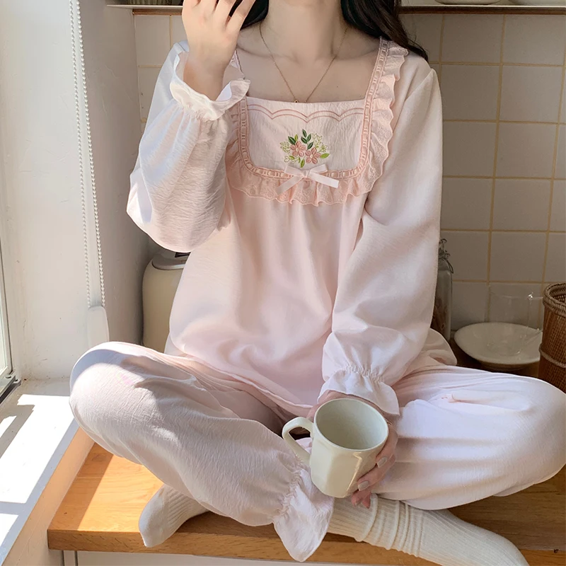 Pajama Sets Women Long Sleeve Pink Bow Autumn Sweet Sleepwear Princess Soft Comfortable Loungewear Tender Girlish Cozy Homewear