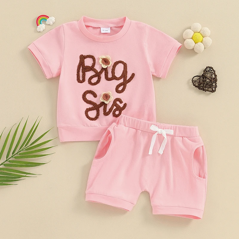 

Toddler Kids Girls Summer 2PCS Shorts Sets Short Sleeve Letter Flower Embroidery Tops Solid Color Shorts Sister Matching Outfits