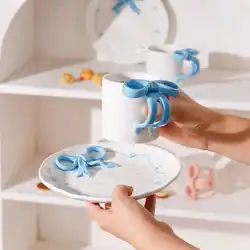 300ml 3D Bow Ceramic Coffee Cup Dish Set High Beauty Girl Heart Hand Drawn Water Mug Plate Dessert Breakfast Cup And Saucer Sets