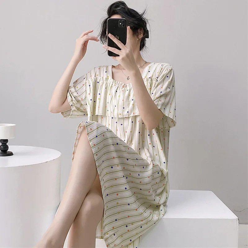 

Printing Loose Night Dress Woman Casual Nightwear Ladies Cotton Rayon Summer Sleep Shirt Short Sleeve Vintage Nightgowns
