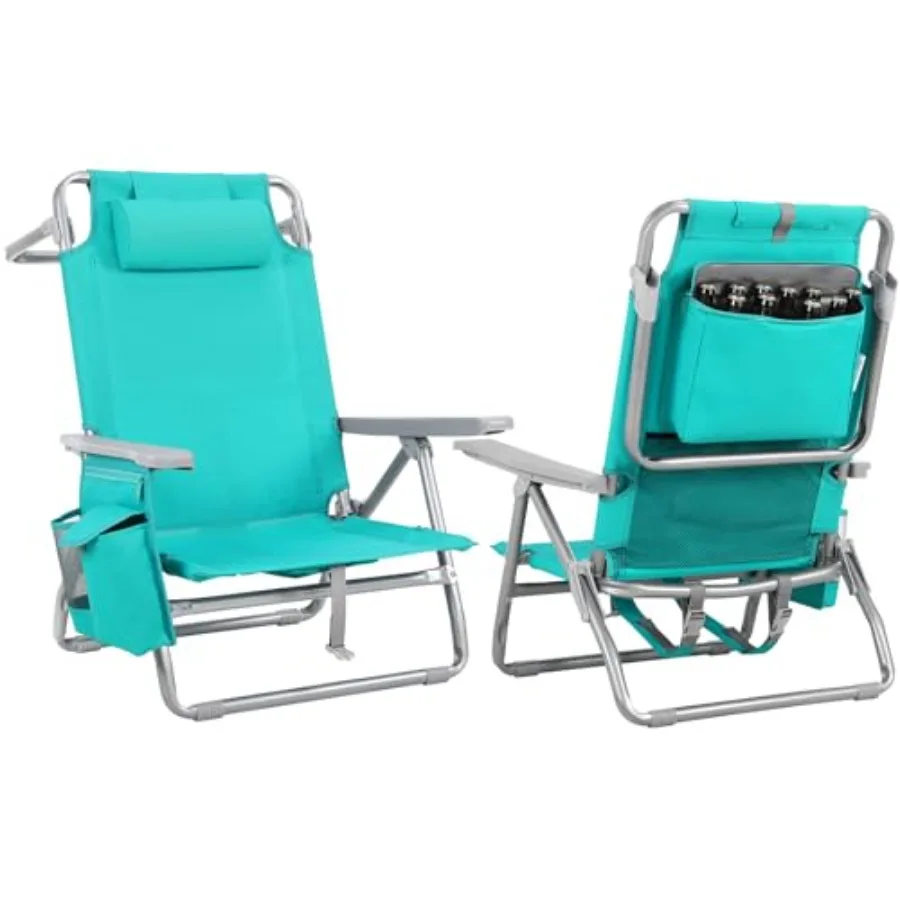 

Backpack Beach Chair for Adults: Turquoise, Polyester, 5-Position Lay Flat Headrest, Folding Reclining Design with Storage Bag,