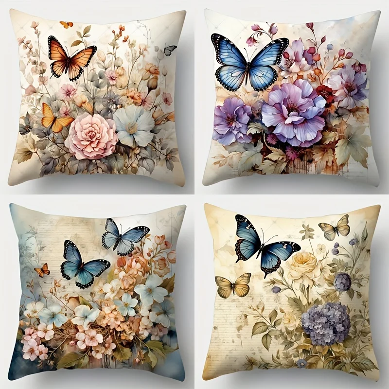 Funda de Almohada Encantadora con Mariposas y Flores, Juego de 4 Piezas, Estilo Vintage en Amarillo y Rosa, Ideal para Decoració