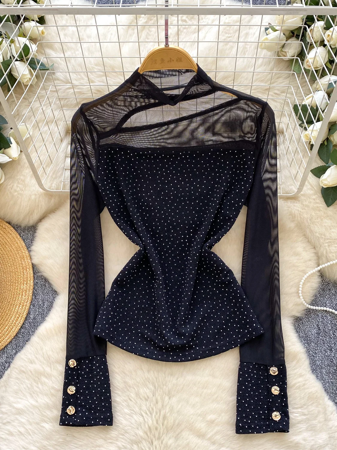 تي شيرت Ele بتصميم مجوف عالي Ne Long Sve Me تي شيرت نسائي بطبقة أساسية ملابس يومية كورية Sle بقصة ضيقة #2