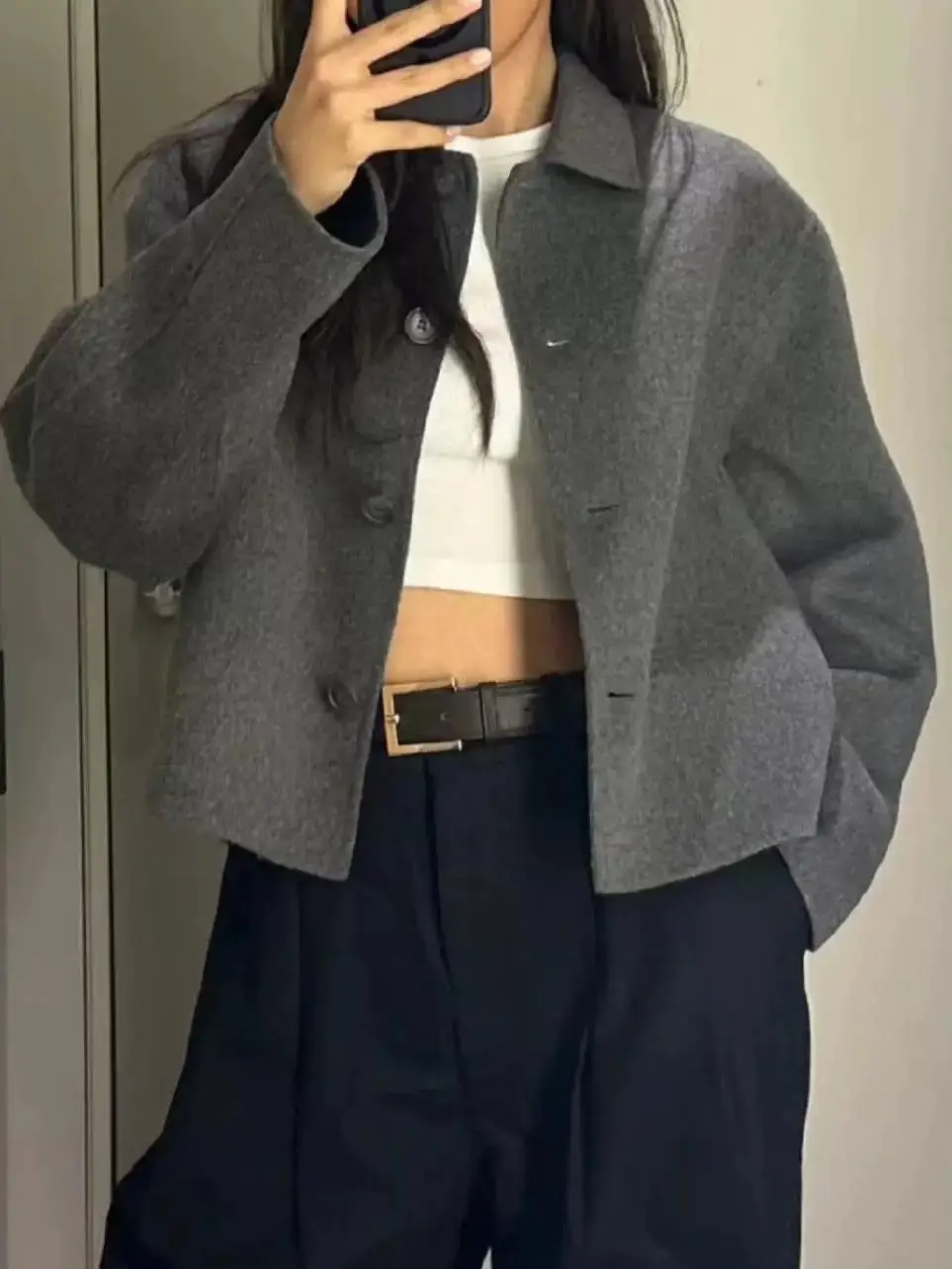 معطف نسائي قصير بتصميم بسيط من مزيج الصوف ذو وجهين، مناسب للارتداء اليومي، مصنوع من جلد الغنم، إصدار جديد لفصلي الخريف والشتاء #1