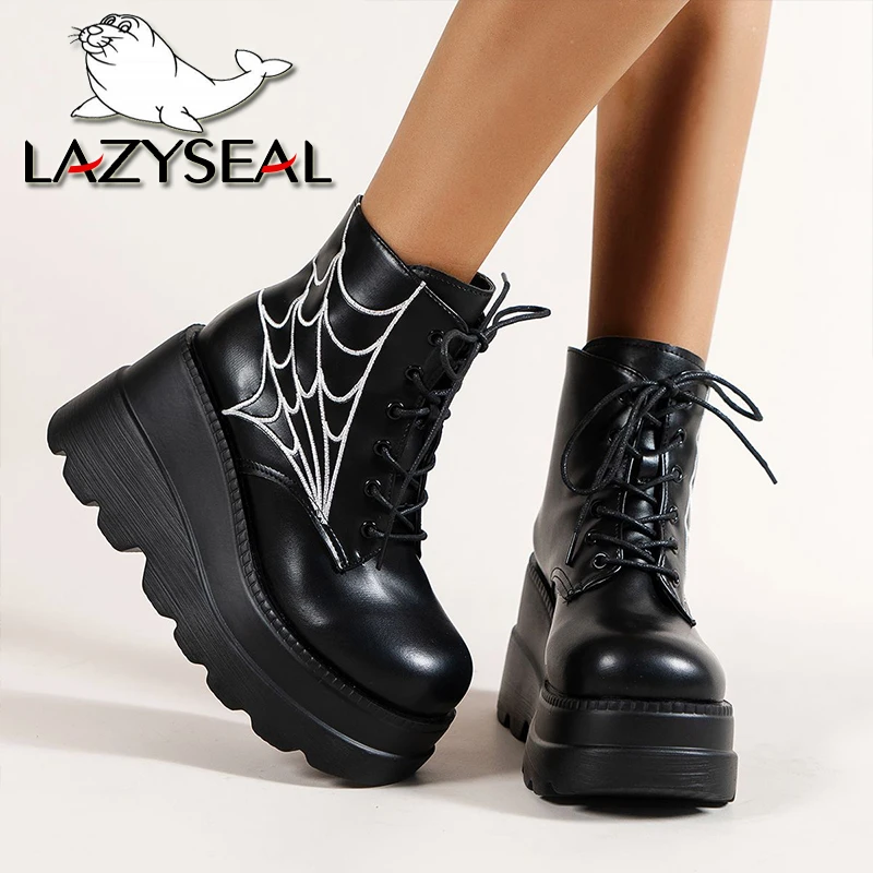 Lazyseal Platform donna stivaletti tacco a zeppa Lace Up filo da cucito Design scarpe per le donne Botas Mujer Invierno 2022 taglia 43