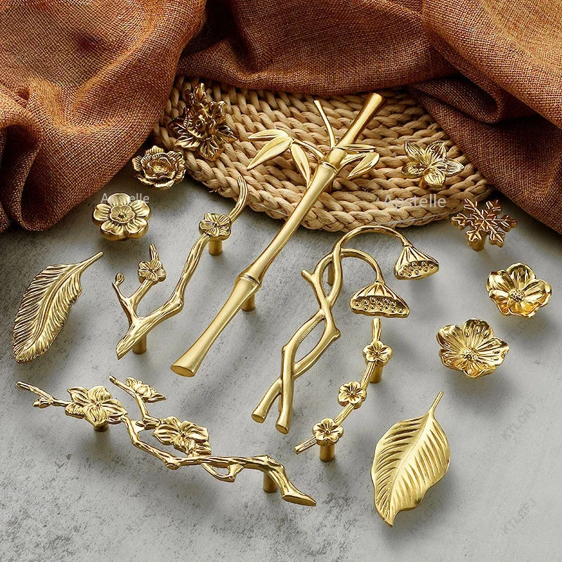 New Chinese Style Brass Handle Fancy Single Hole European Creative Decoration Branches Leaves Clothes Kitchen Cabinets Handles