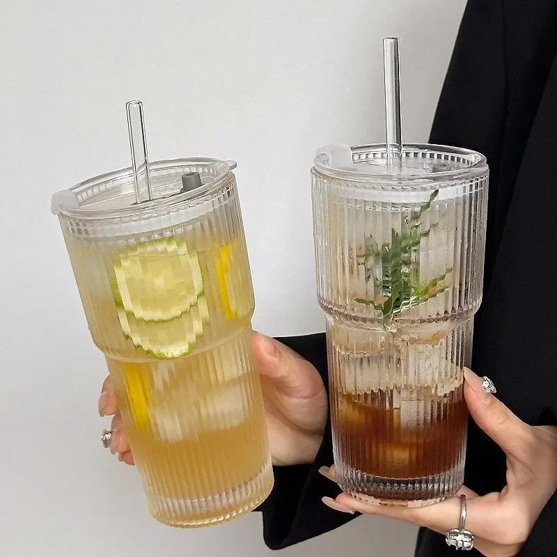 600ML Stripe Glass Coffee Cup With Lid and Straw Transparent Drinking Glasses for Juice Milk Tea Cups Iced Coffee Mugs Drinkware