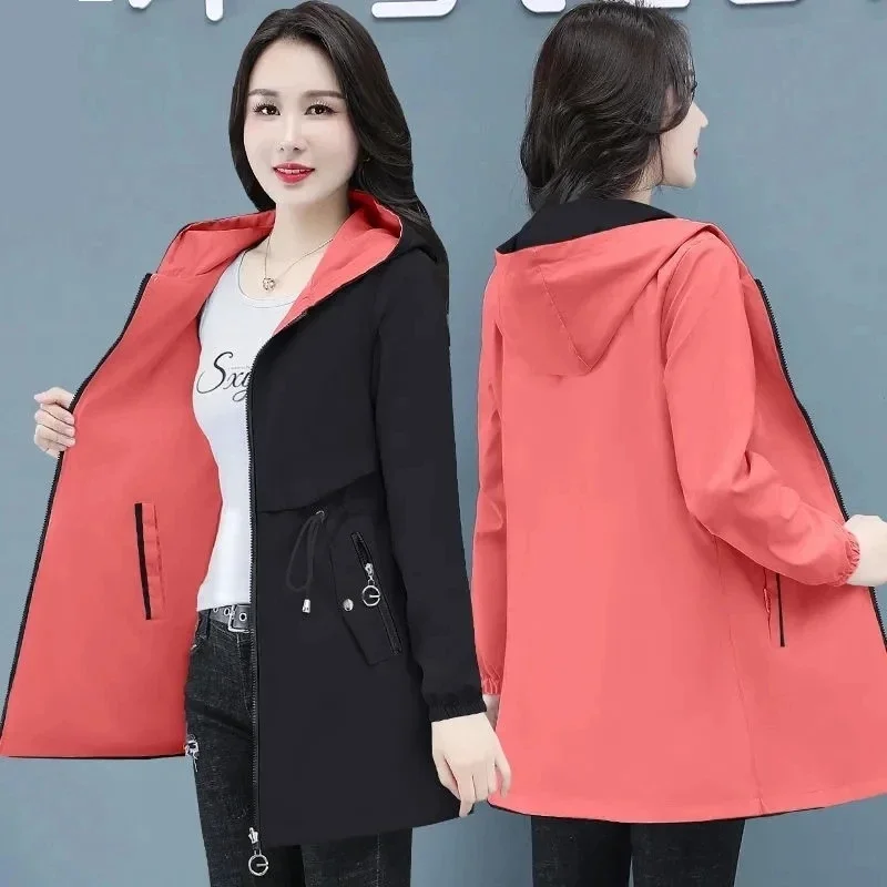 Double-Sided Trench Coat Women 2024 New Spring Autumn Clothes Hooded Large Size Long Windbreaker Jacket Female Outerwear Tops