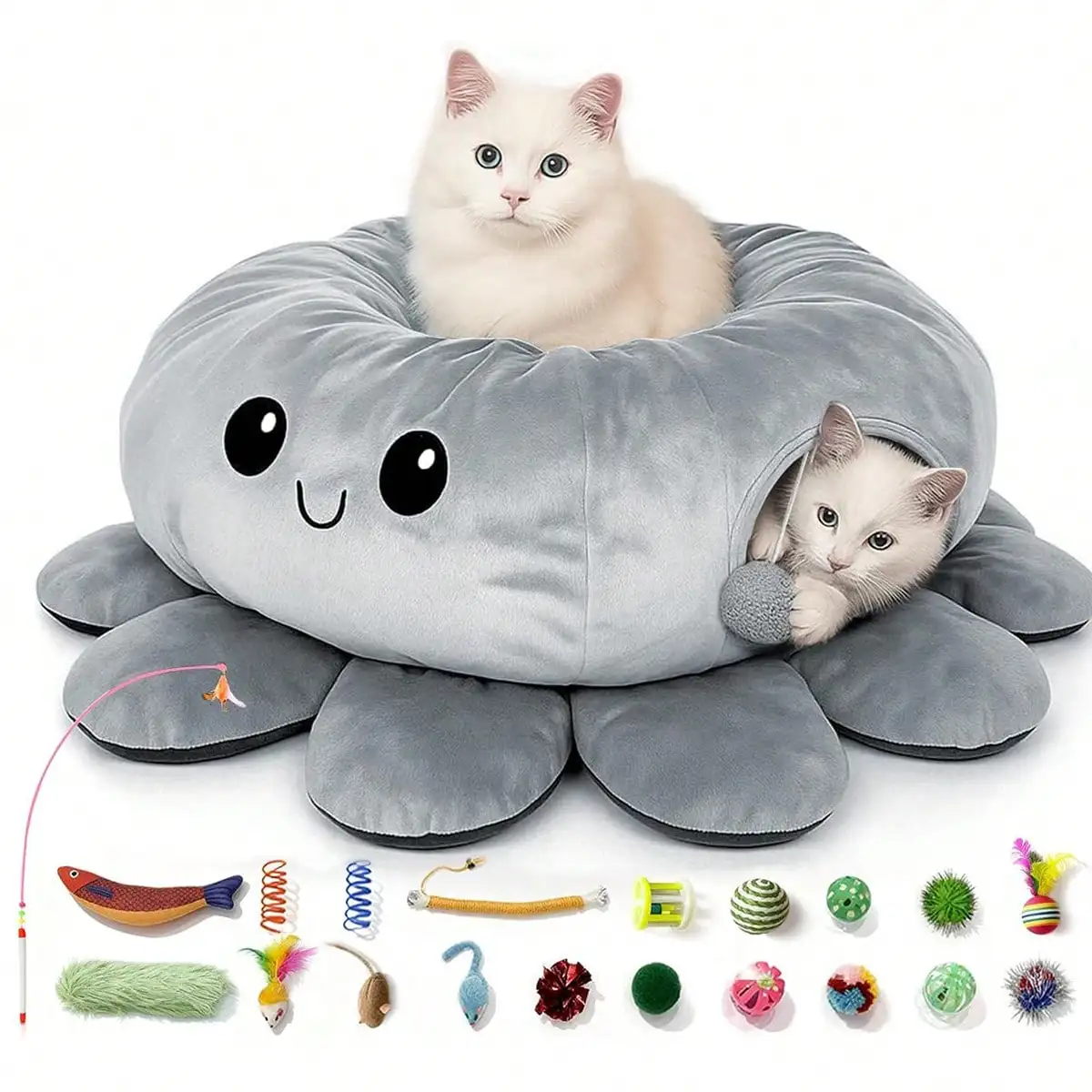

20 Cat Toys, Peekaboo Cat Cave Bed,Soft Cat Donut Tunnel For Kitten Large Cats, Cute Grey Octopus Shaped