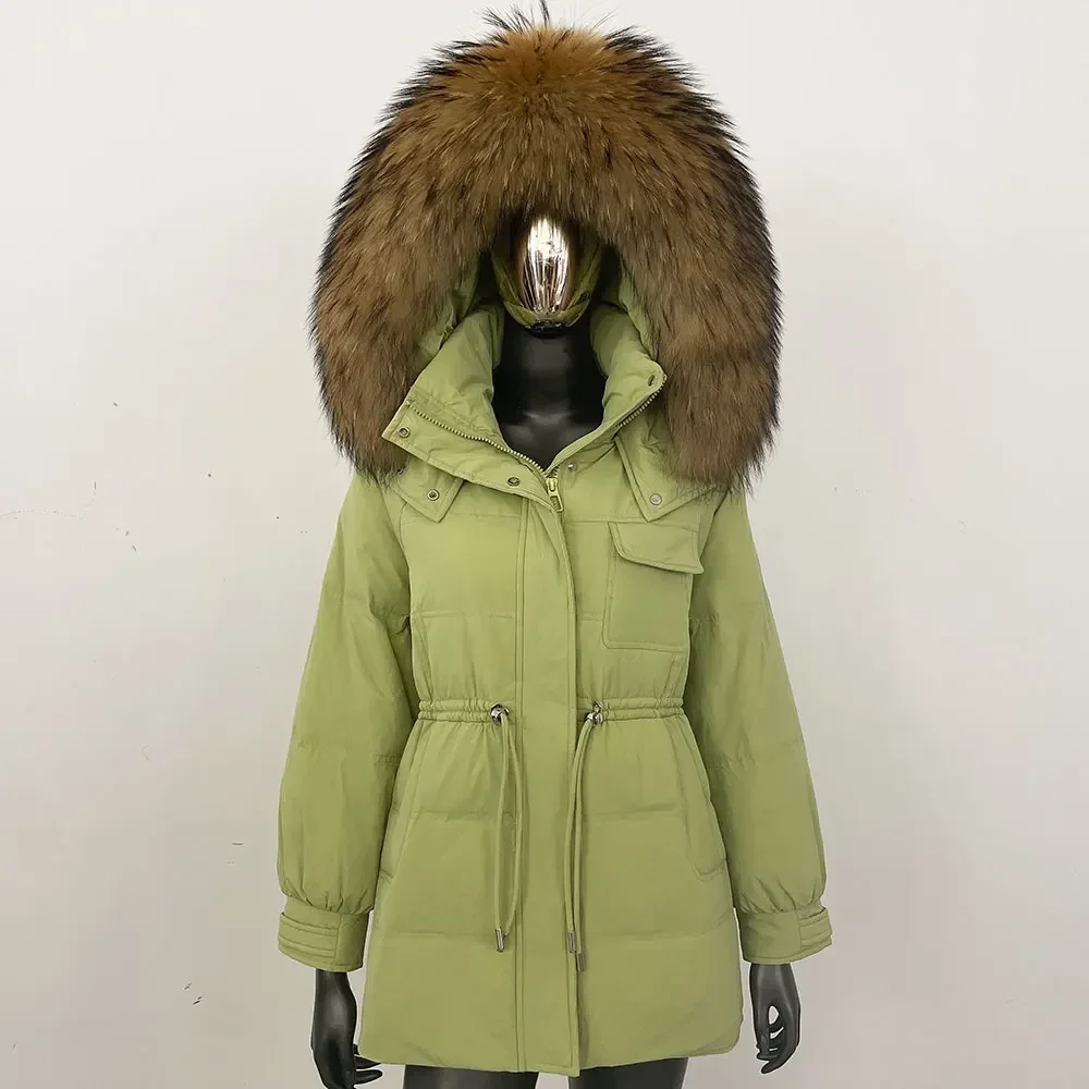 

OFTBUY Пальто из натурального меха енота, женская модная зимняя куртка с капюшоном из натурального меха, толстая теплая короткая куртка на 90% белом утином пуху, парка