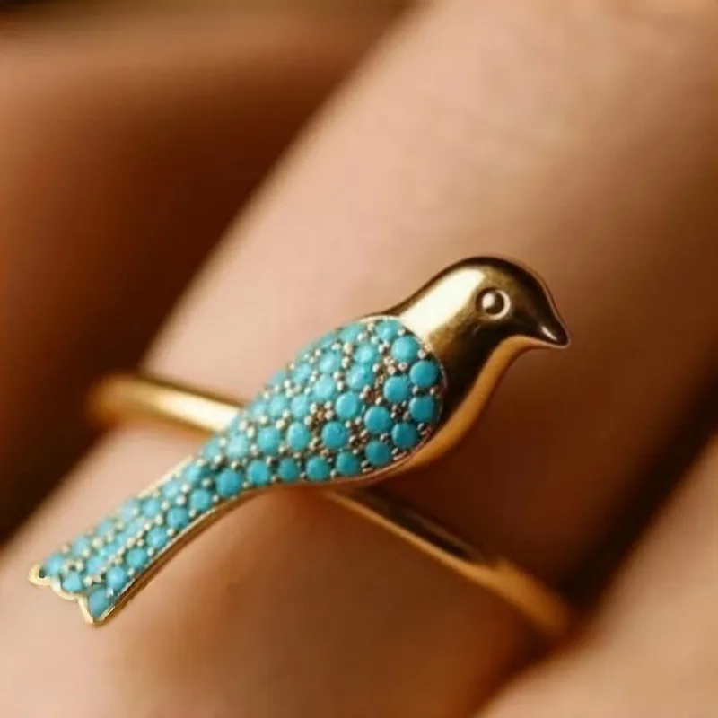 Image of Vintage-Ring in Vogelform mit synthetischem Türkis, im Wald- und Landhausstil, für den Alltag und den Urlaub, Damenring