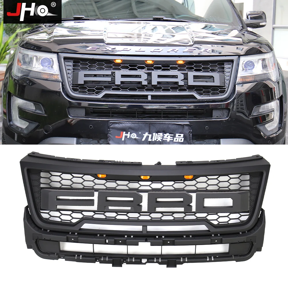 JHO Raptor Style Front Middle Grille Replace with 3PCS Amber Lights Matte Black Upgrade Kit for Ford Explorer 2016 2017 Parts