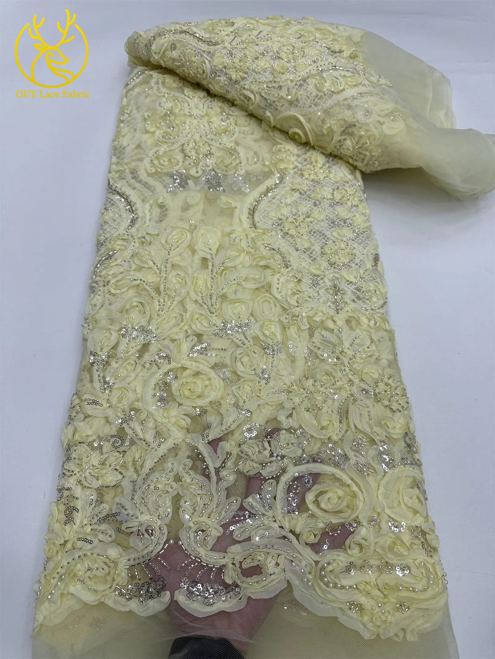 3D Afrikanischer Perlen-Spitzenstoff Schwarz Rot Luxuriöser Hochwertiger Französischer Pailletten-Tüll für Damen Abendkleid DIY Nähen 5 Yards – Detail 30